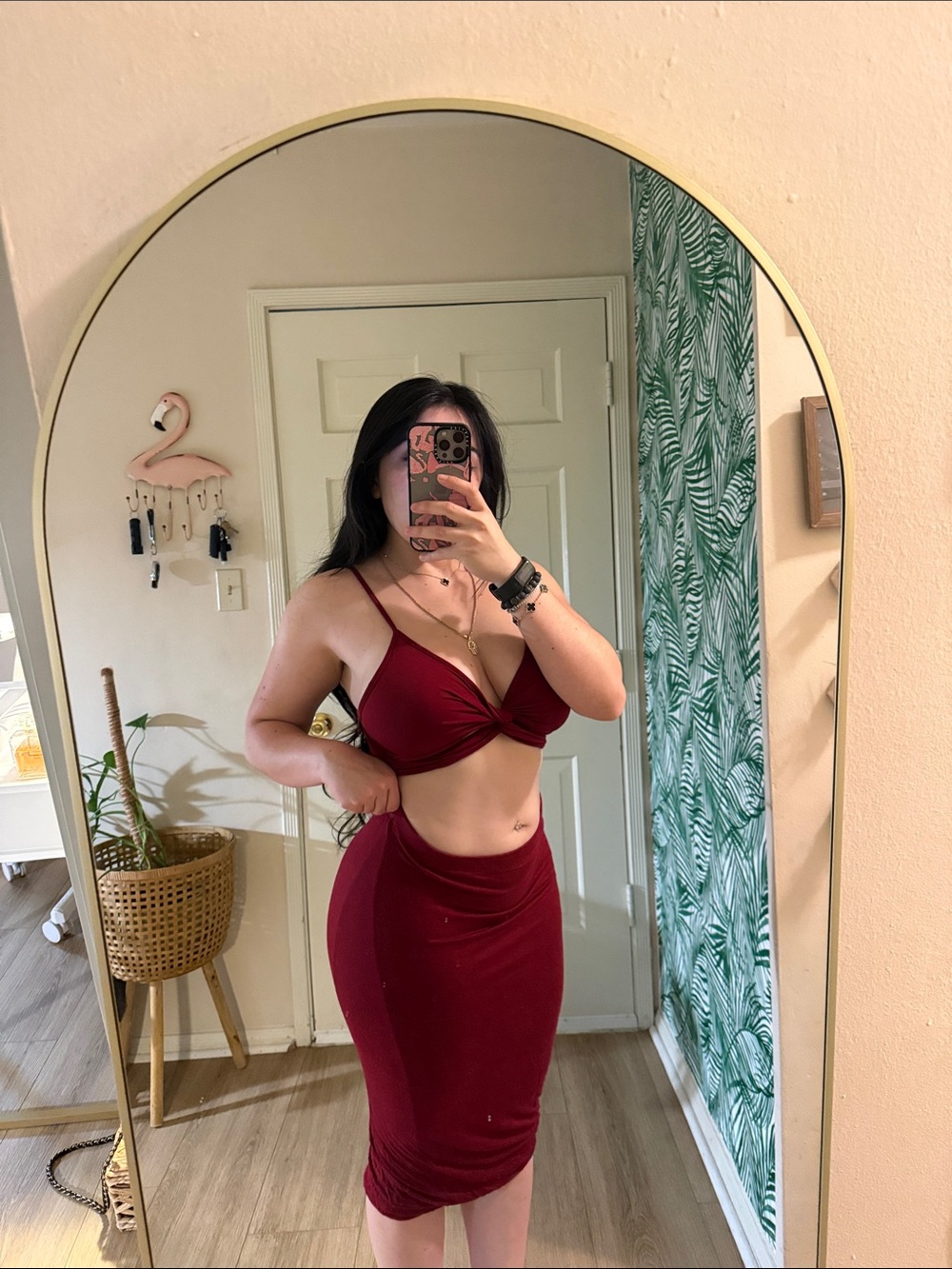 Women's Burgundy Cutout Midi Skirt Set